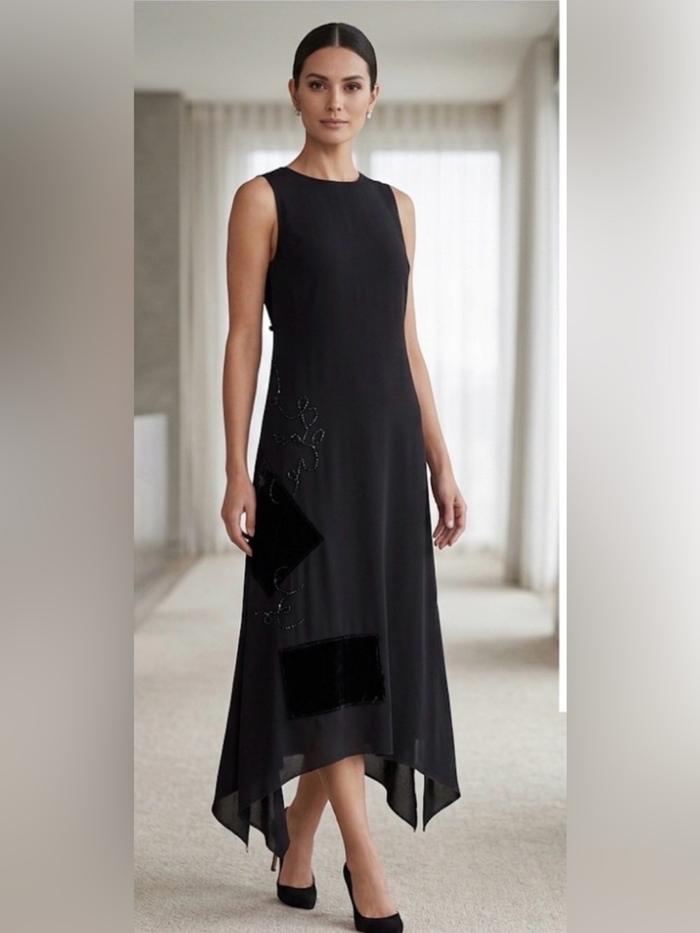 J.Jill Beaded Dress sz 2P Asymmetrical Hem Beads Velvet Accents & Trim